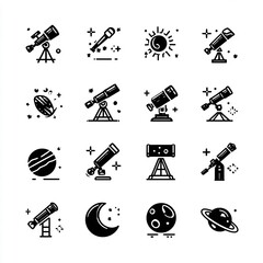 Black and White Astronomy and Space Vector Icons Set: Telescopes, Planets, Sun, Moon, and Stars