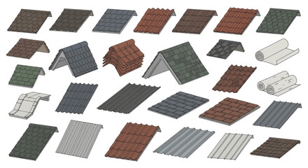 Isometric collection of various roof covering materials.