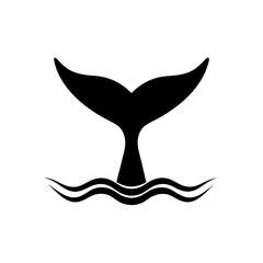 Silhouette of a whale tail above the waves on transparent background