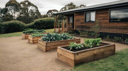 Obraz premium Raised beds in the farm, high beds for growing vegetables and greens, gardening and agriculture concepts, AI generated