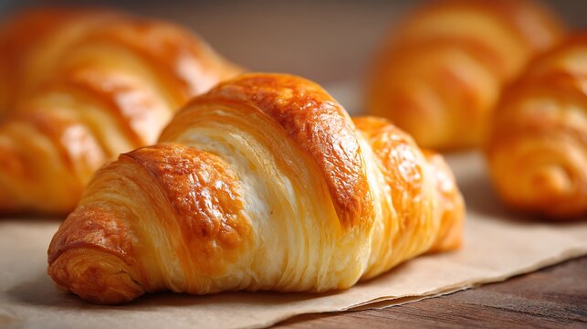 Elegant photo of close up of a croissant on a brown paper with more in the background.