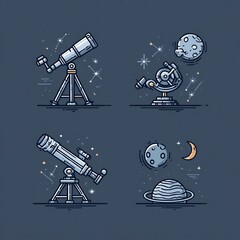 Four vector illustrations showcasing astronomy and space concepts: telescopes, moon, planets, and stars on a dark background.