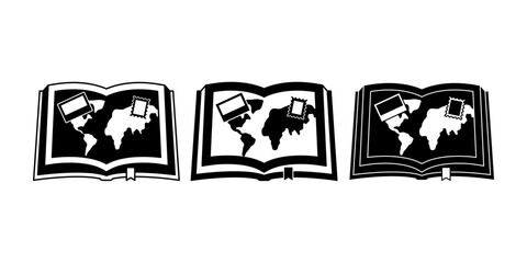 Fototapeta premium Black travel journal icon in solid and stroke style. Great for diary, notebook, trip record, memory book, tourism design, and travel storytelling.