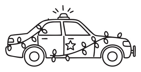 Naklejka premium Simple black outline of a police car with a siren on top, decorated with festive holiday lights and a star emblem on the door.