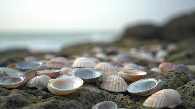 Seashells lie scattered on algae covered rocks with ocean in the background for decor, and design