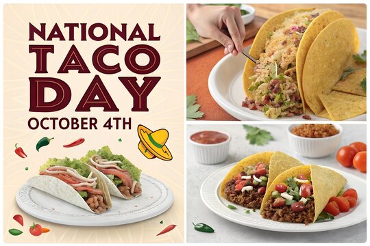 National Taco Day celebration poster featuring delicious crispy and soft tacos with meat cheese salsa tortilla chips and fresh ingredients collage