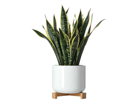 A vibrant snake plant with green and yellow leaves in a white pot on a wooden stand