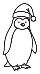 Fototapeta premium Black outline drawing of a standing penguin wearing a holiday santa hat with a pom-pom, facing forward.