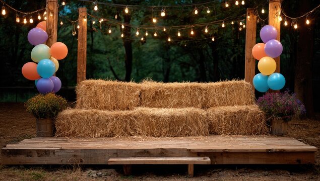 An outdoor rustic stage with hay bales, balloons, and string lights at dusk