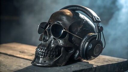 Fototapeta premium Black polished human skull wearing headphones and sunglasses. Music. heavy metal. rock.
