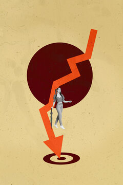 Collage with person observing rising arrow symbolizing startup growth business income statistics trading decrease increase