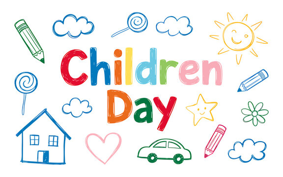Colorful Hand Drawn Childrens Day Illustration with Whimsical Elements and Playful Design for Celebratory Events and Creative Projects