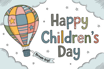 Happy Childrens Day illustration with colorful hot air balloon and dreamy clouds perfect for celebrating childhood and creativity
