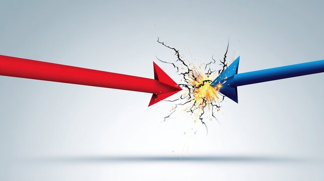 Geometric arrow graphic design of dynamic collision moment with red and blue deflection