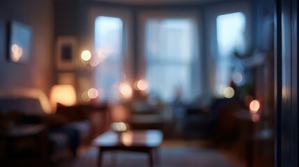 Fototapeta premium Home living room at dusk with soft, diffused bokeh lights and warm tones, creating a cozy, inviting, tranquil interior atmosphere focused on comfort and modern decor