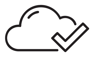 Black outline icon of a cloud with a check mark symbolizing cloud storage or online verification.