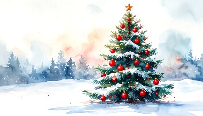 Watercolor illustration of a decorated evergreen tree with ornaments, star, and snow, set in a snowy forest landscape. Festive holiday season