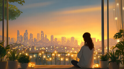Woman sitting on balcony, enjoying a sunset view over a city skyline adorned with fairy lights and plants lofi vibe
