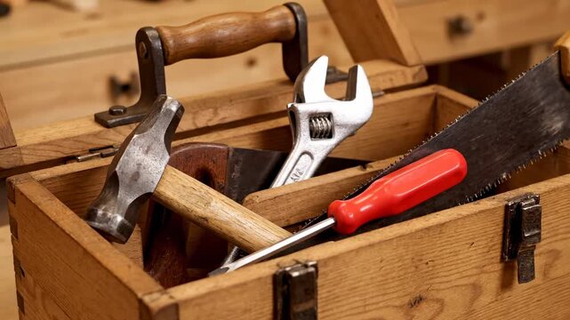 Wooden Toolbox with Hand Tools - A close-up shot of a wooden toolbox filled with various hand tools, including a hammer, wrench, saw, and screwdriver.