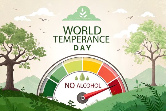 World Temperance Day celebration banner with alcohol meter gauge pointing to zero alcohol in green nature landscape with trees and mountains   