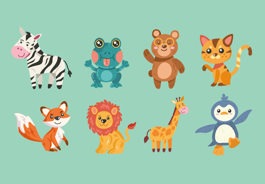 Colorful Cute Animals Wildlife Illustration Set