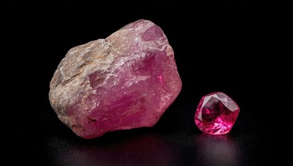 Fototapeta premium Raw, unpolished pink gemstone next to a faceted version on a black backdrop