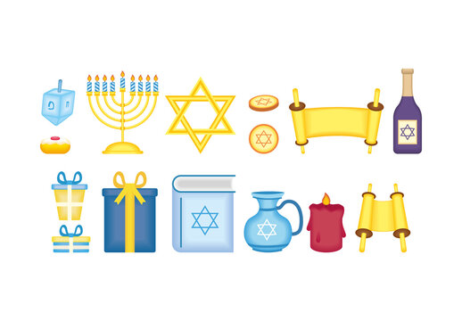 Colorful Hanukkah Jewish Holiday Illustration Set