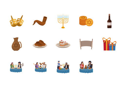 Colorful Hanukkah Jewish People Illustration Set