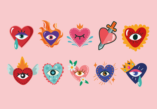 Colorful Hearts Love Symbol Illustration Set