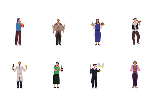 Colorful Hanukkah People Jewish Holiday Illustration Set
