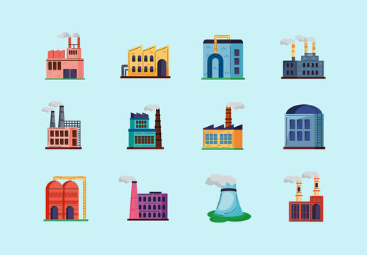 Colorful Industry Manufacturing Buildings Illustration Set