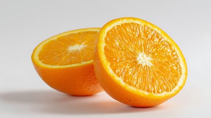 Fototapeta premium Nice photo of two halves of a juicy orange isolated on white background, closeup.