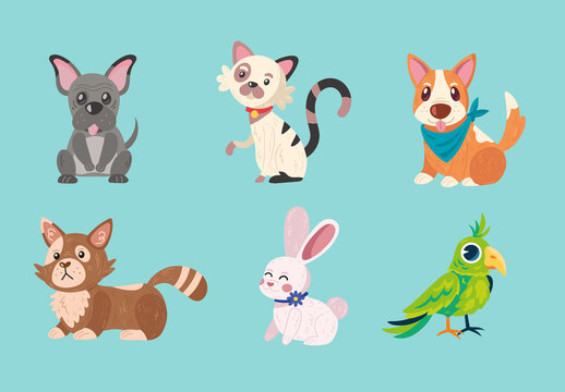 Colorful Pets Cute Animals Illustration Set
