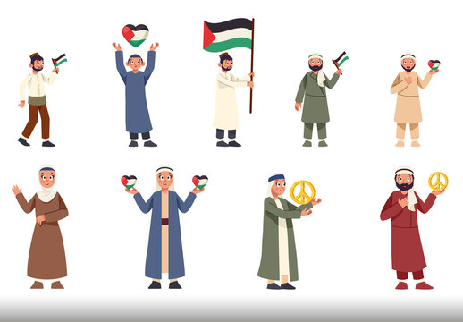 Colorful Palestina Save Persons Peace Freedom Illustration Set