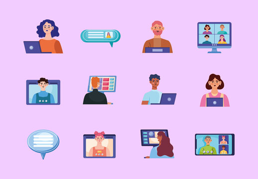 Colorful Online Meeting Video Conference Illustration Set