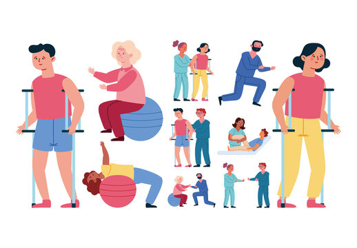 Colorful Physiotherapy Exercise Medical Care Illustration Set