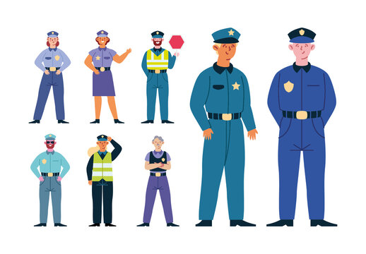 Colorful Police Officers Enforcement Security Illustration Set