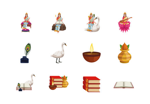 Colorful Saraswati Vasant Basant Illustration Set