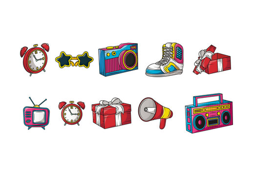 Colorful Pop Art Objects Vintage Illustration Set