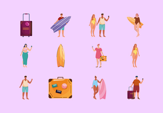 Colorful Vacations Summer People Illustration Set