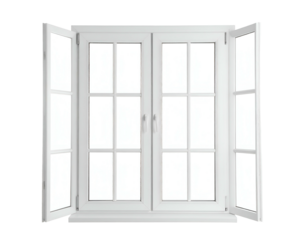 A white, multi-paned window is open. Bright light and the outdoors are visible