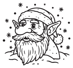 Black outline drawing of a cheerful bearded elf wearing a santa hat surrounded by snowflakes in a whimsical style.