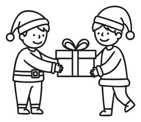 Two young caucasian boys in festive hats exchanging a gift box with a bow, depicted in a cute black outline style.