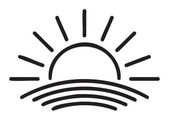 Fototapeta premium Black outline icon of a stylized sun rising over curved horizon lines, symbolizing dawn and renewal.