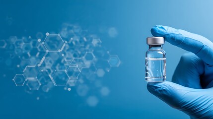 Nice photo of hand in glove holding vaccine vial with chemical structure background.