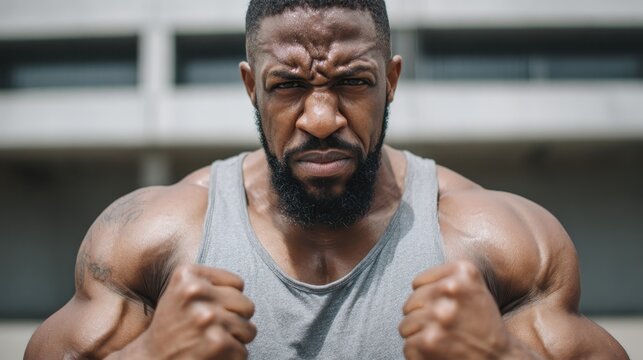 Muscular african american man training outdoors, expressing intense determination and focus with a powerful stance, overcoming challenges while pursuing ambitious fitness goals