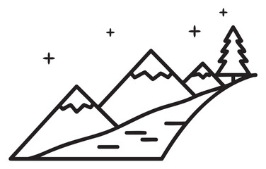 Minimal black outline icon of a mountain landscape with snowy peaks, a tree, and small stars in the sky.
