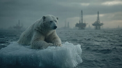 Polar Bear on Ice Floe with Oil Rigs