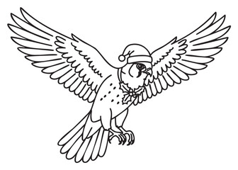 Naklejka premium Black outline drawing of a bird wearing a festive santa hat, with wings spread wide and detailed feathers visible.
