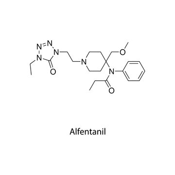 Alfentanil molecular structure, short-acting potent synthetic opioid analgesic drug used in anesthesia, clean scientific vector diagram, flat skeletal chemical formula isolated 